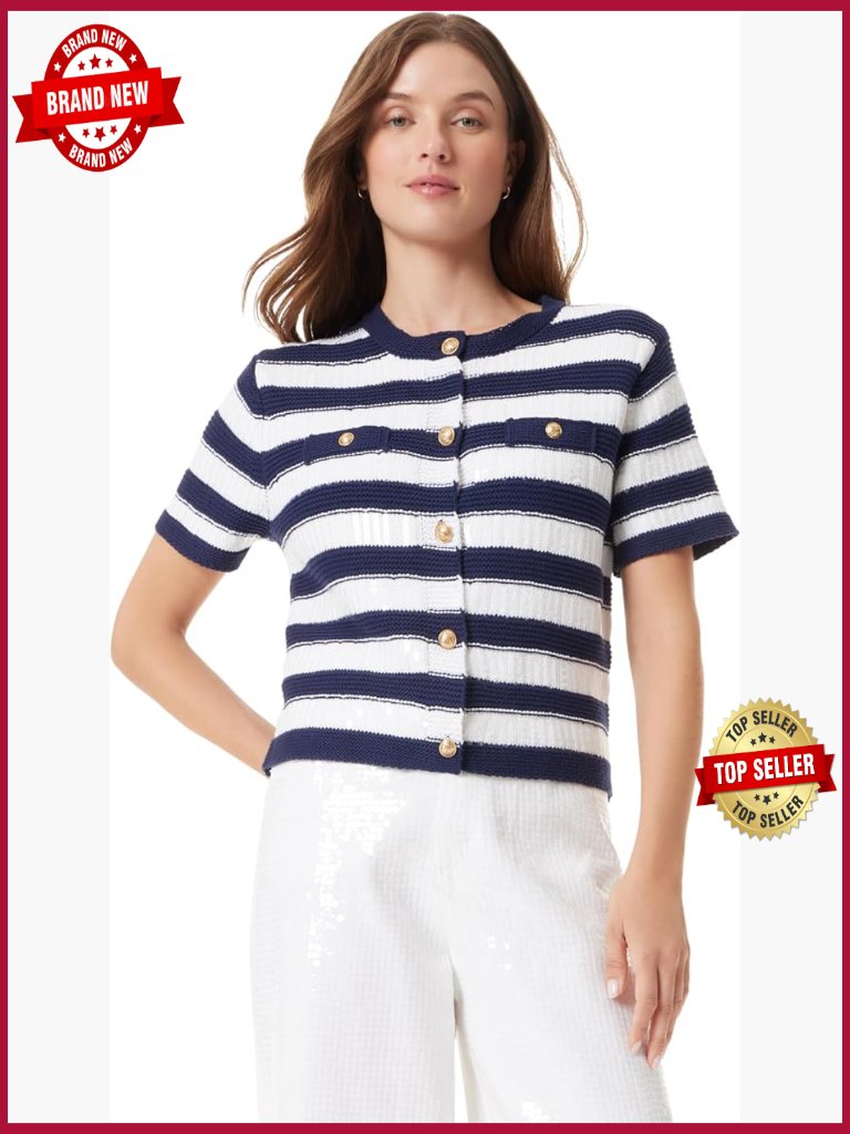 Short Sleeve Band Collar Cardigan Sweater Women's Button Front